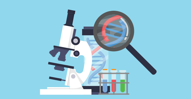 illustration of a microscope, and a magnifying glass studying a DNA sample