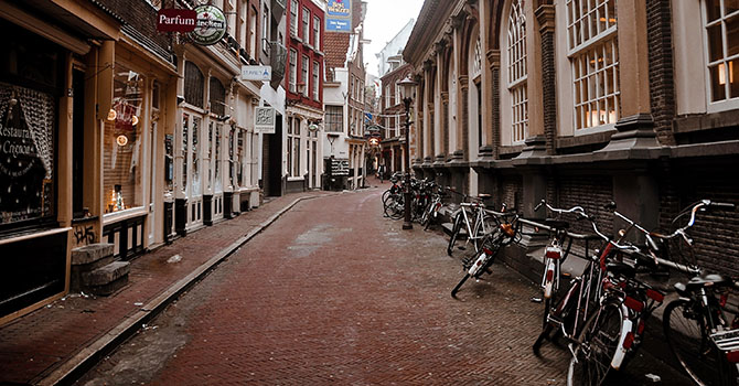 An empty street in Amsterdam due to the spread of COVID-19