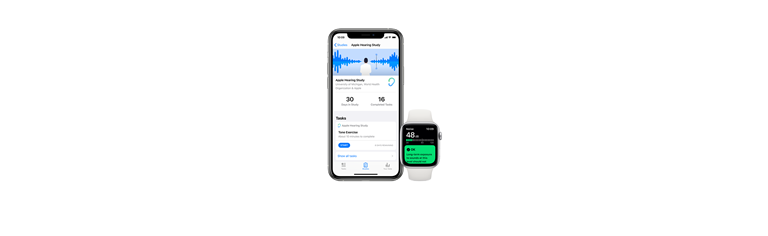 A cell phone and a smart watch displaying the Apple Hearing Study App