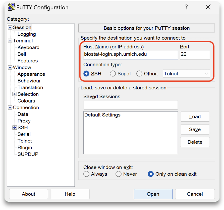 PuTTY configuration window showing biostat-login.sph.umich.edu in the Host Name field.