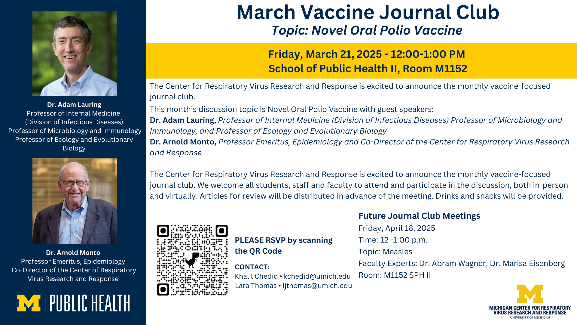 Event Flyer for CRVRR March Journal Club - Topic Novel Oral Polio Vaccine