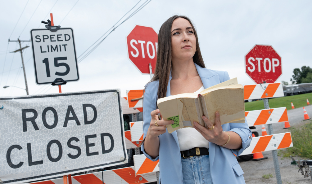 Jennifer Smith in front of barricades in East Palestine, Ohio