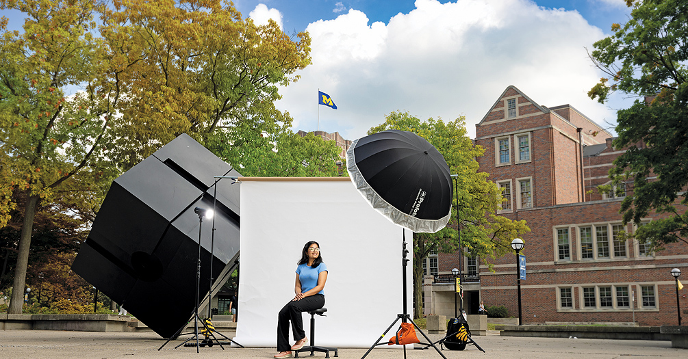 Mehak Bhansali, a Master of Public Health student in Health Management and Policy at Michigan Public Health, has her photo taken in the Diag