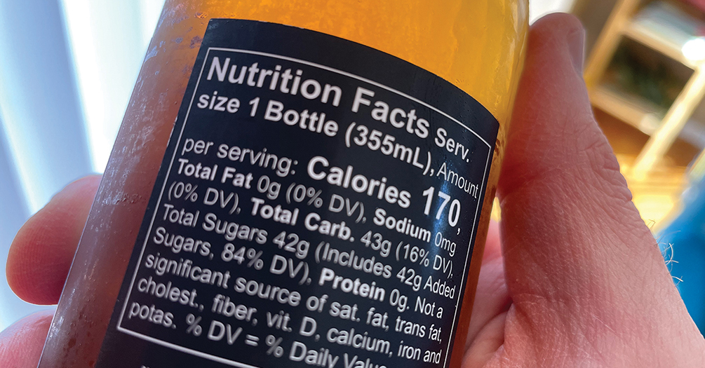 Nutrition facts label on a sugary beverage