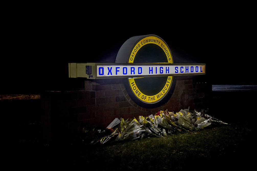 Flowers at an Oxford High School memorial in November 2022