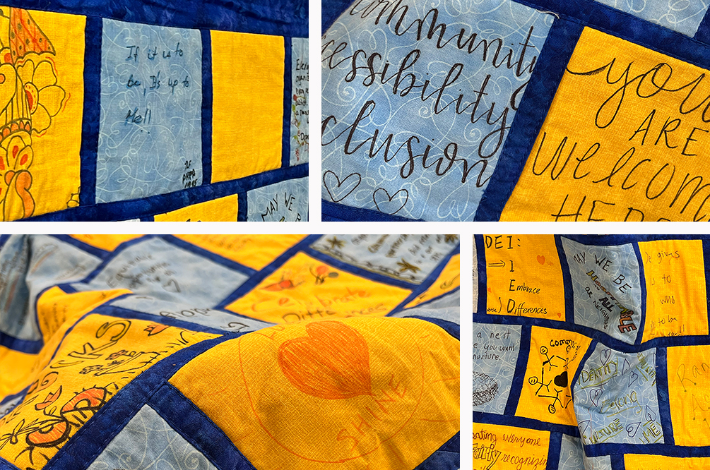 Closeup of the maize and blue-colored blocks of the quilt