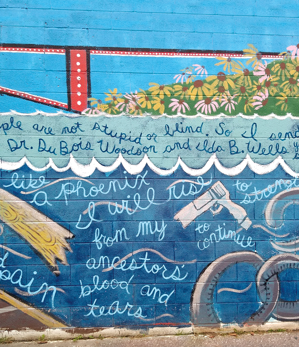 A detail of a public mural and poem created in 2008 by participants of the Youth Empowerment Solutions after-school program in Flint, Michigan.