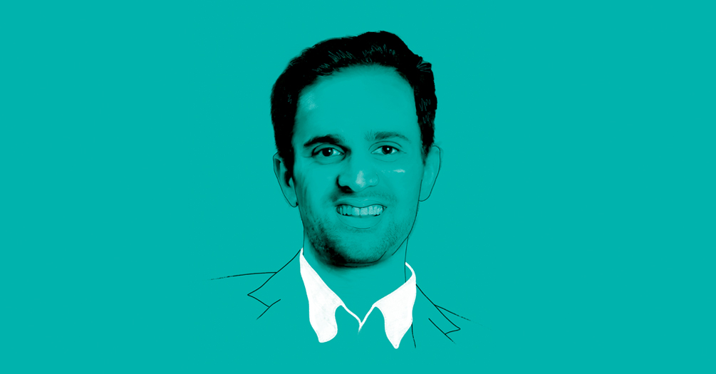 An illustration of Rahul Ladhania with a teal background