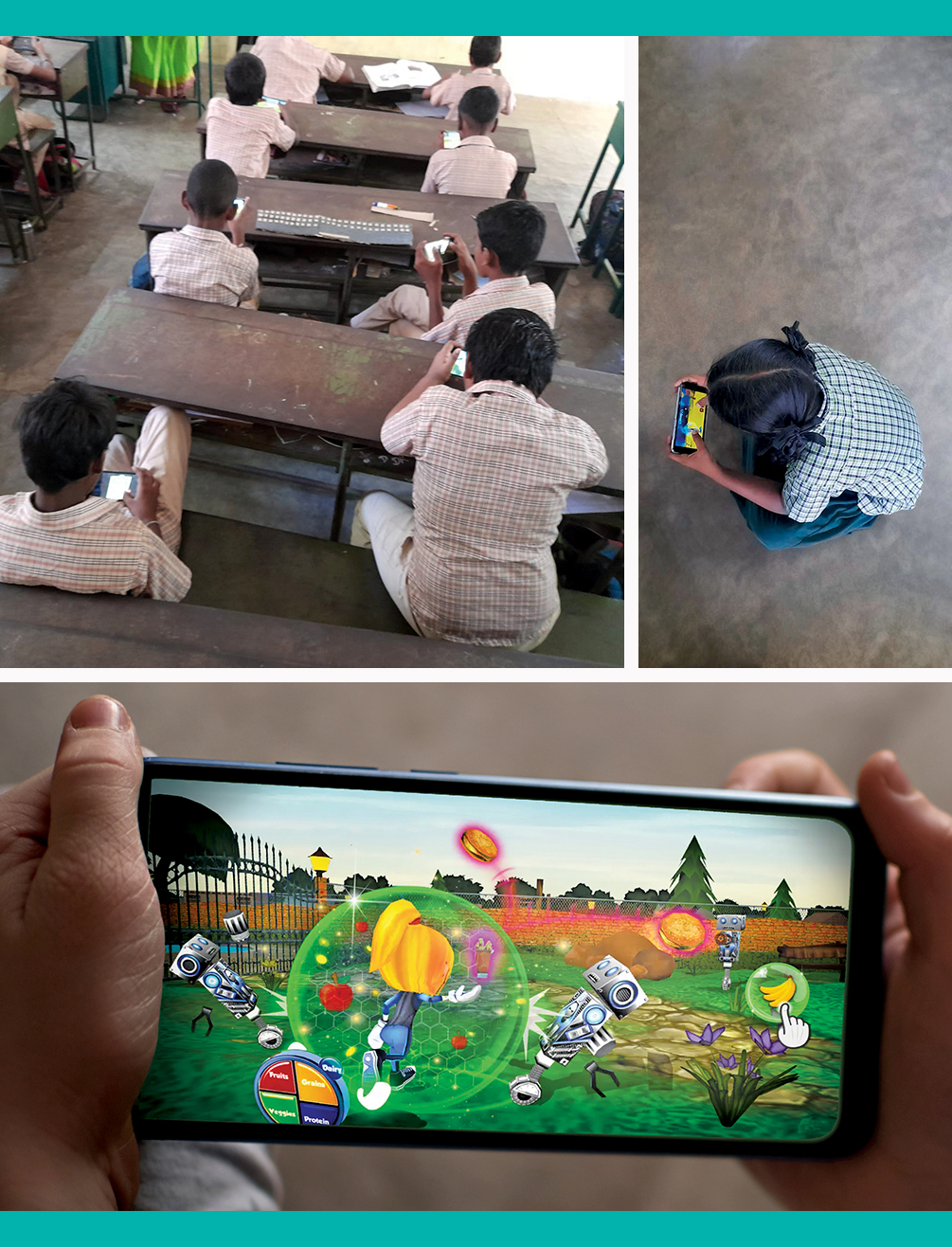 Top: Elementary school children in Chennai, India, play Fooya! to test whether playing this game changed behavior in the real world. Bottom: In the game, avatars fight off robots destroying the planet Nutrino with processed food.