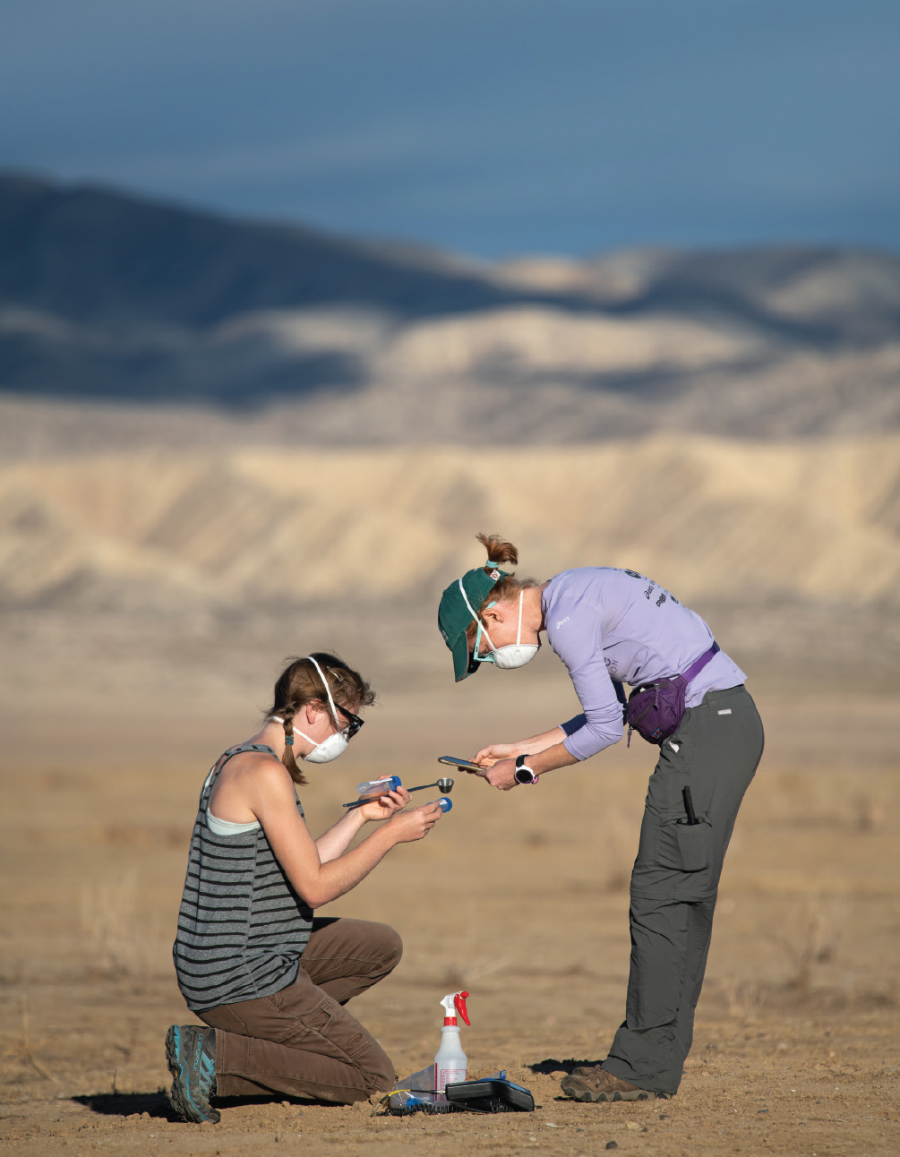 Jennifer Head, right, and Molly Radosevich, a student researcher from UC Berkeley, scan a barcode of a soil sample and record information on soil moisture in an online survey collection app. The photo was taken during an extreme drought within the Carrizo Plain National Monument in California, an area known to be highly endemic for Coccidioides.