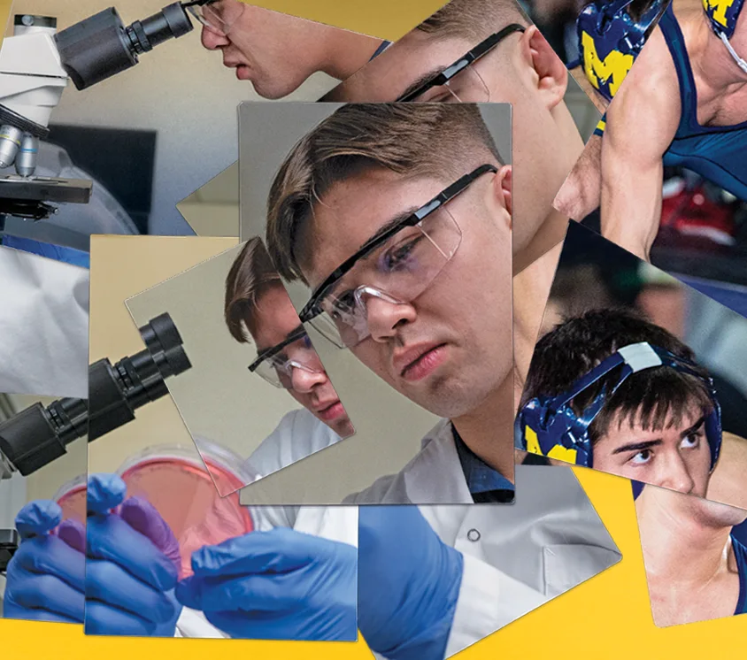 A collage of photos of Josh Knudten wearing a lab coat looking through a microscope and on the wrestling mat in his singlet and headgear