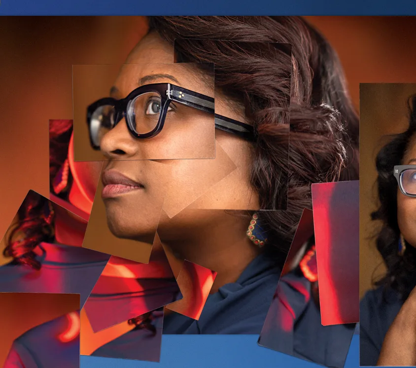 Two photos of Melissa Creary, one with her looking to the left and one straight with graphic elements of red sickle cells
