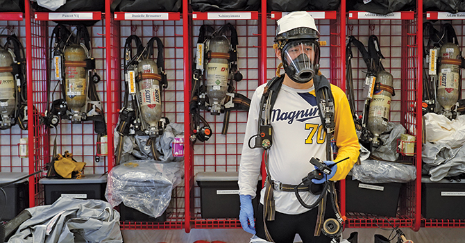 Chenxi Sun, MPH ’20, prepares to participate in HAZWOPER training.