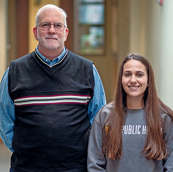 Dennis Hussey and Sarah Gharib at the School of Public Health on a day they were meeting to discuss Gharib’s thesis.