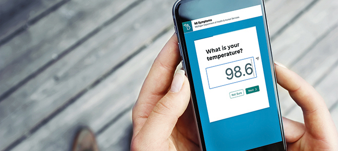 Temperature check screen from the app Kardia and colleagues developed to inform statewide disease tracking and business and policy decision-making across Michigan.