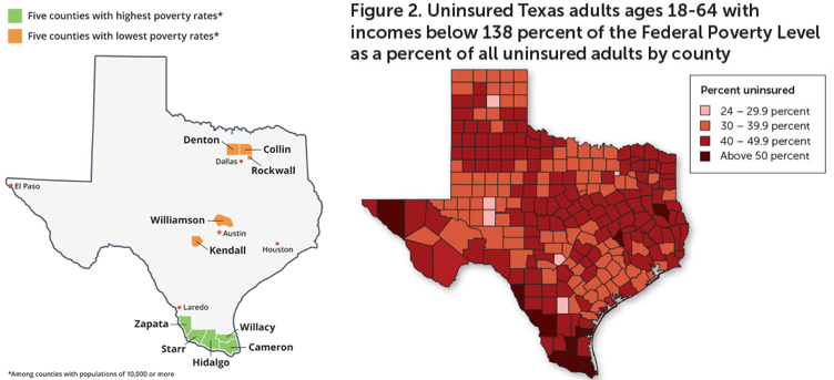 Poverty rates and insurance coverage in Texas. Maps from The Texas Tribune and Texas Academy of Family Physicians.