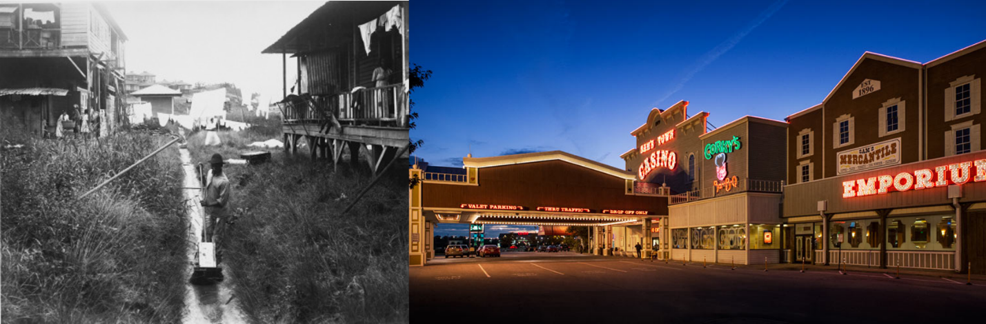 Left - Sugar Ditch Alley, 1976; Right - Casino Strip in Tunica Resorts, 2010