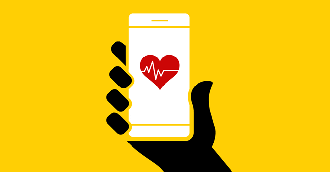 Illustration of a hand holding a phone with a heart on the screen.