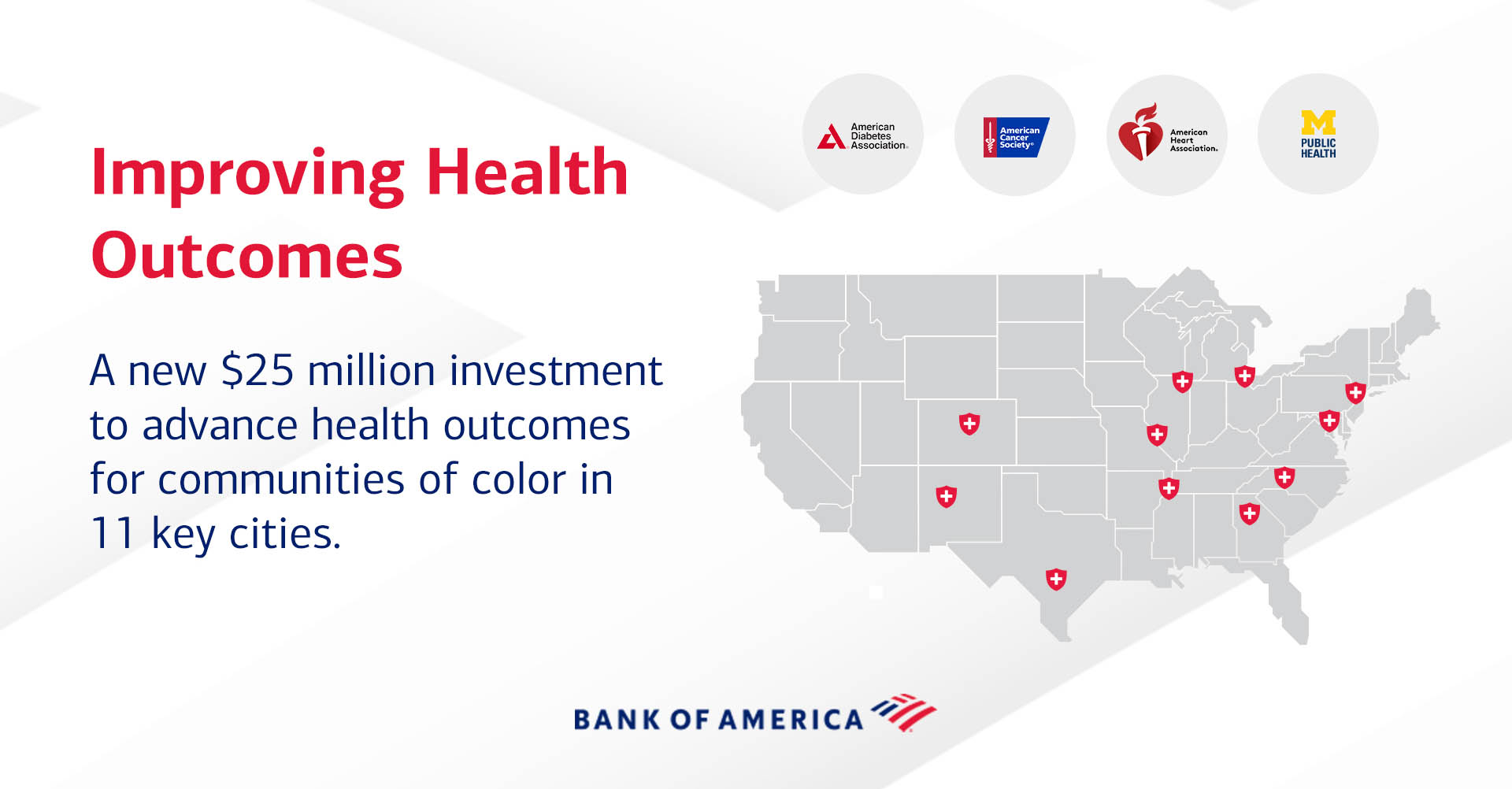 Illustration of the 11 cities across the continental US that are part of the new $25 million investment to advance health and wellness for under-resources communities.