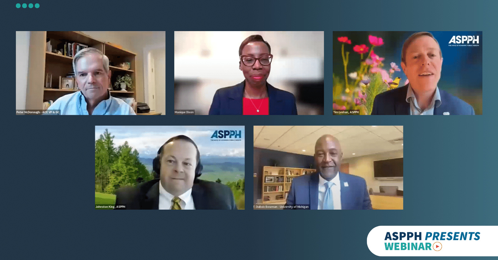Five individuals participating in an ASPPH Presents Webinar on Zoom