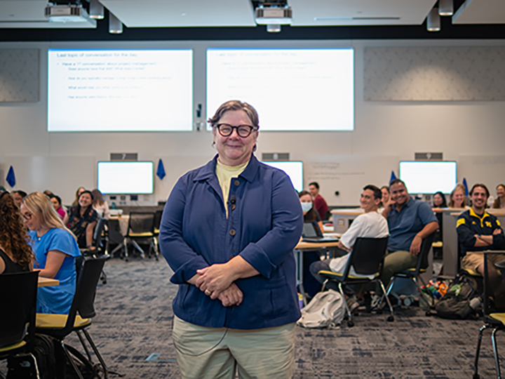 Senior Associate Dean for Education Sharon Kardia in a team-based classroom in the Central Campus Classroom Building
