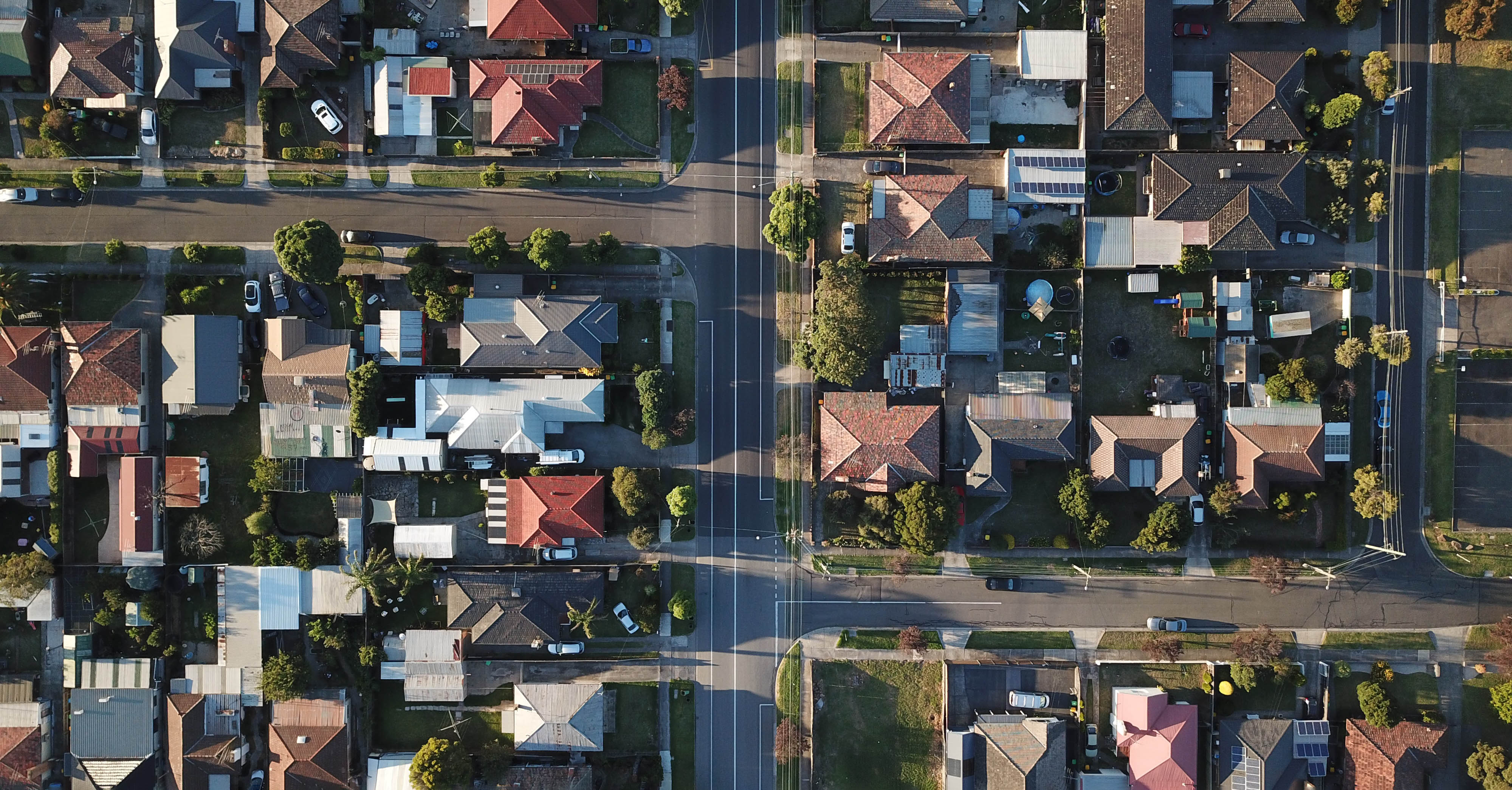 An overhead view of a suburb.