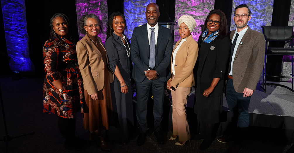 From left to right, Whitney Peoples, Camara Phyllis Jones, Chandra Ford, Dean F. DuBois Bowman, Laprisha Daniels, Melissa Creary and Paul Fleming.