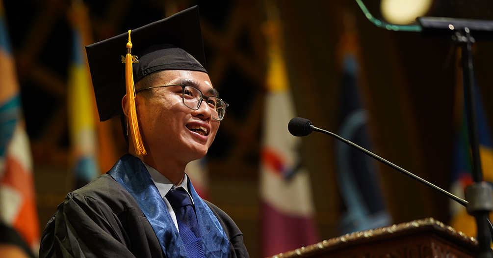 Graduating student Tai Yang addresses the Class of 2024.