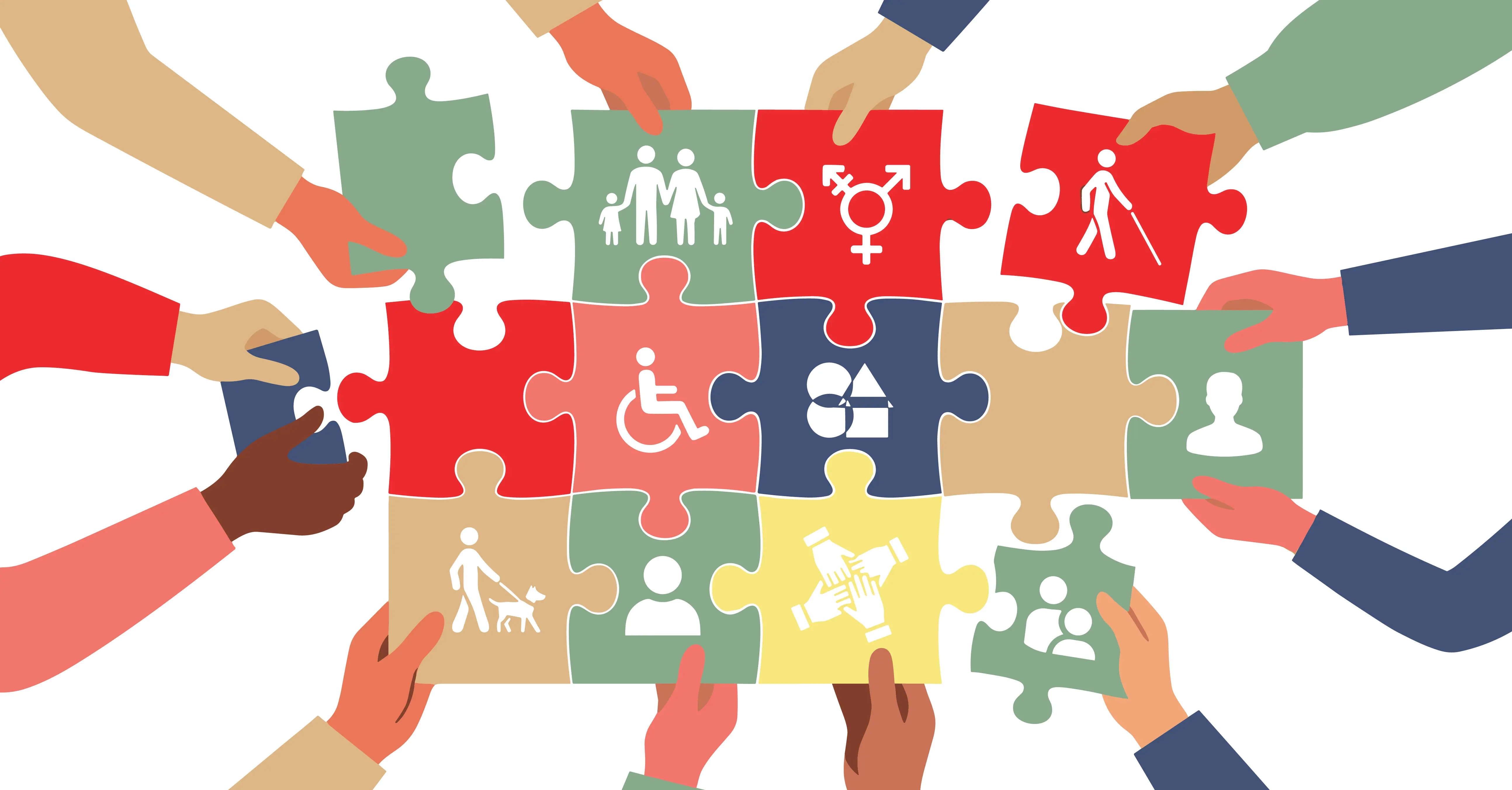 Hands fitting together different colored puzzle pieces representing community, equity, and accessibility.