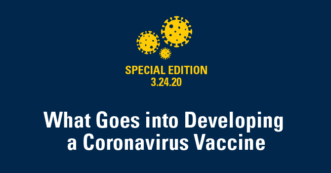 illustration of the COVID 19 Coronavirus with the text "Special Edition 3.24.20 - What Goes into Developing a Coronavirus Vaccine"