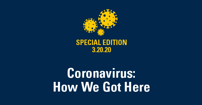 illustration of the COVID 19 Coronavirus with the text "Special Edition - Coronavirus: How We Got Here" 
