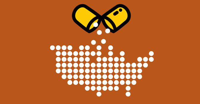 An illustration of a tablet dropping pills into the shape of the United States