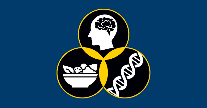 Illustration of food, DNA, and mental health