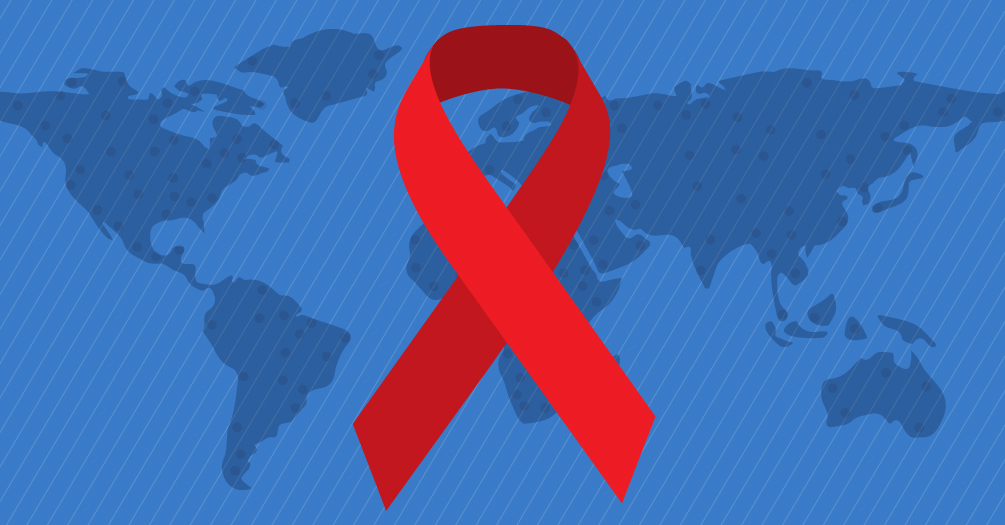 red ribbon overlaying across a map of the world