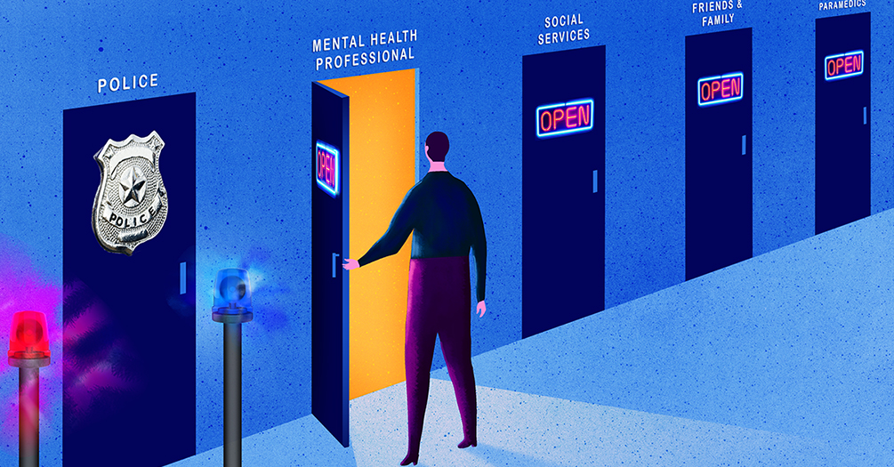 Illustration of a person opening a door that says "mental health professional."