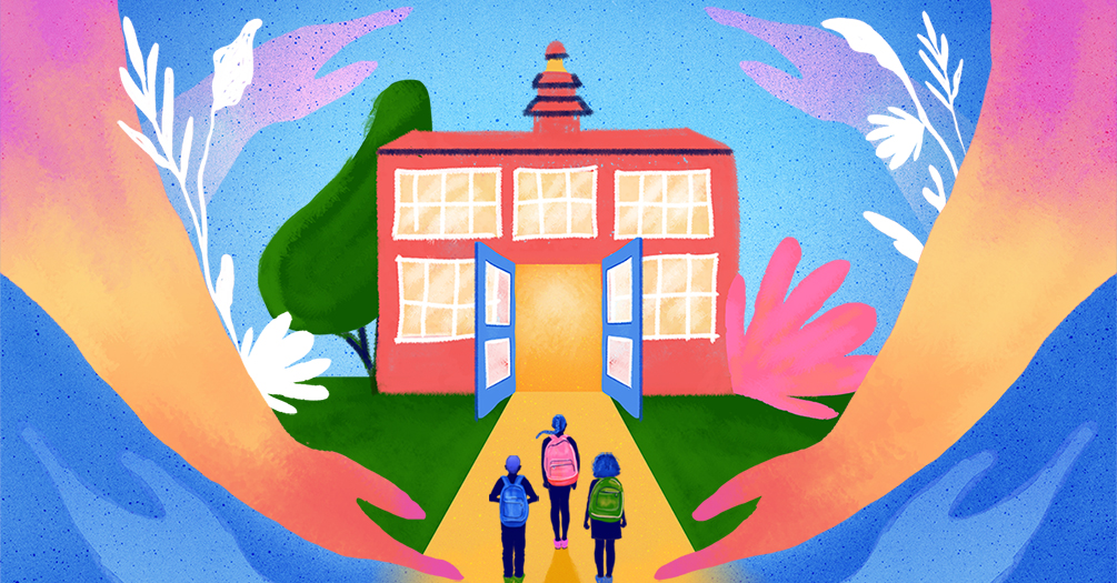 An illustration of three children walking into a school.