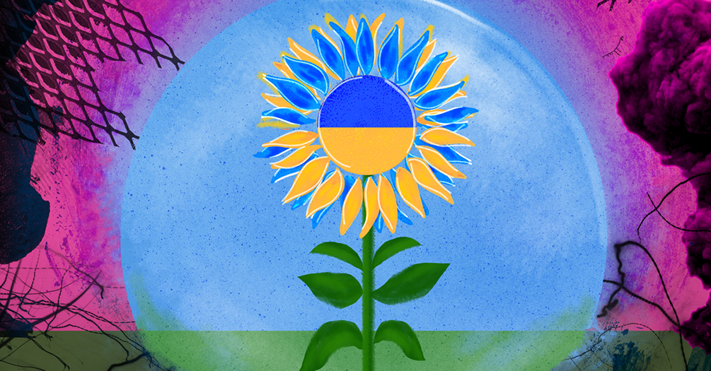 Graphic illustration of a sunflower and the flag of Ukraine