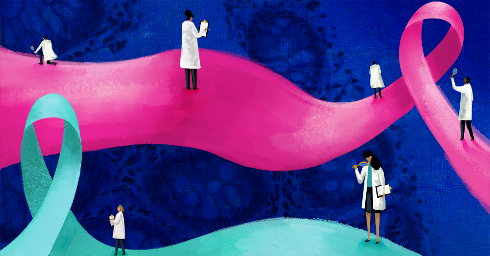 Illustration of physicians standing on cancer ribbons shaped like roads.