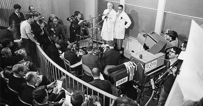 Norman Shumway and cardiologist Donald C. Harrison speak to the media after the historic 1968 transplant surgery (Getty Images).