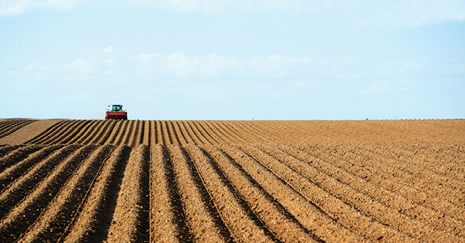 Tractor plowing a field on a sunny day.