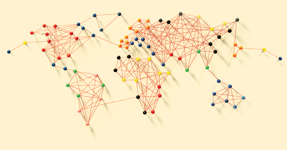 Global map connected by dots and lines, a metaphor for collaboration