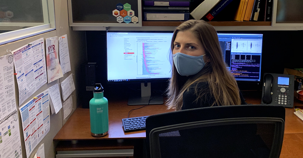 Katherine Hoffman at her desk in the biostatistics and epidemiology division at Weill Cornell Medicine.