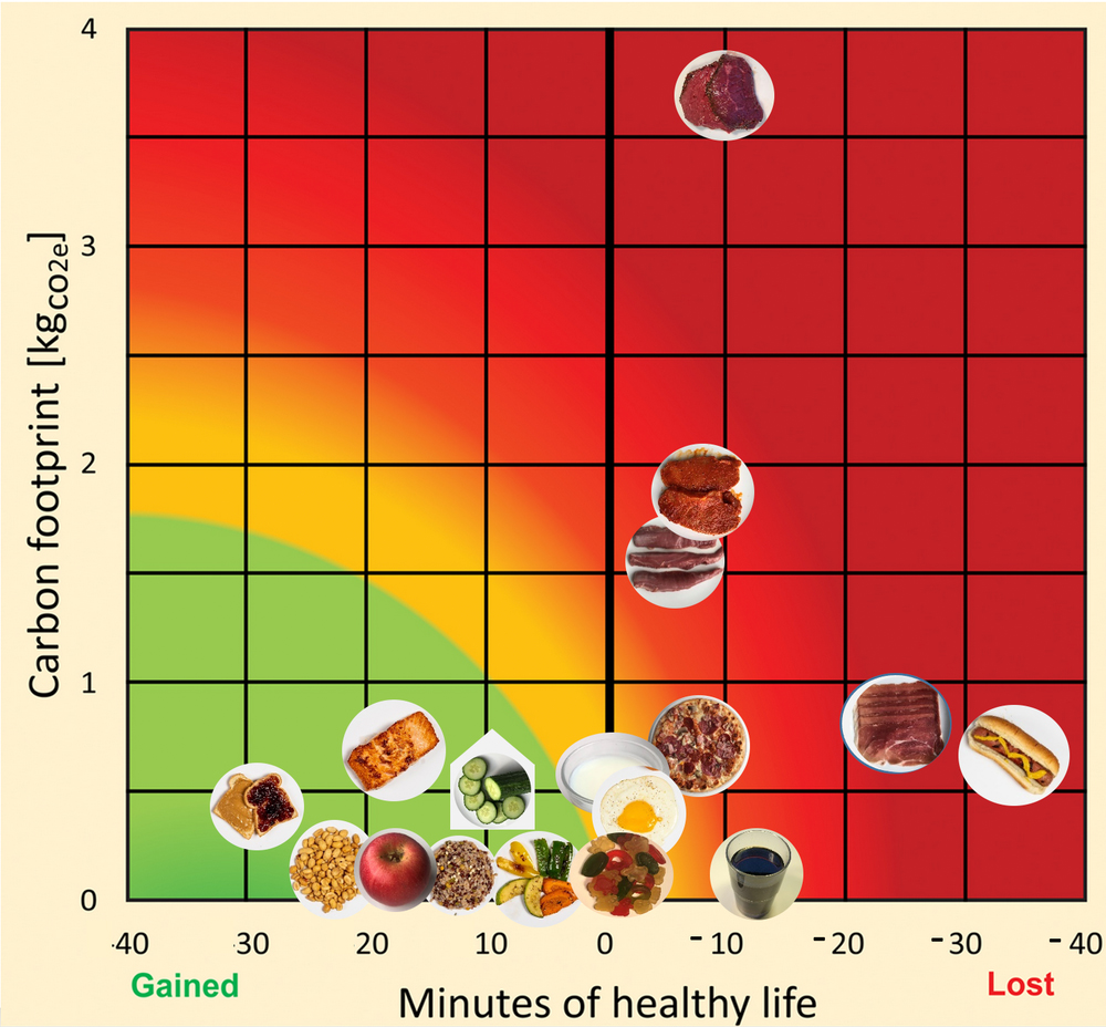 Graph showing relationship of carbon footprint to healthy life minutes, School of Public Health, University of Michigan