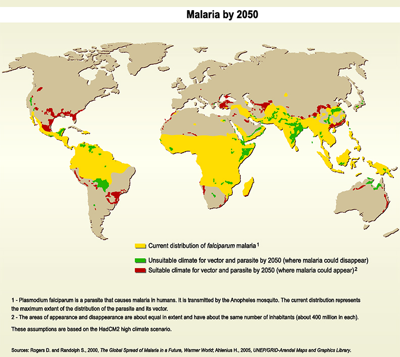 Malaria by 2050 Current Distribution of malaria yellow Unsuitable climate for vector parasite by 2050 (where malaria could disappear) green Suitable climate for vector and parasite by 2050 (where malaria could appear) red
