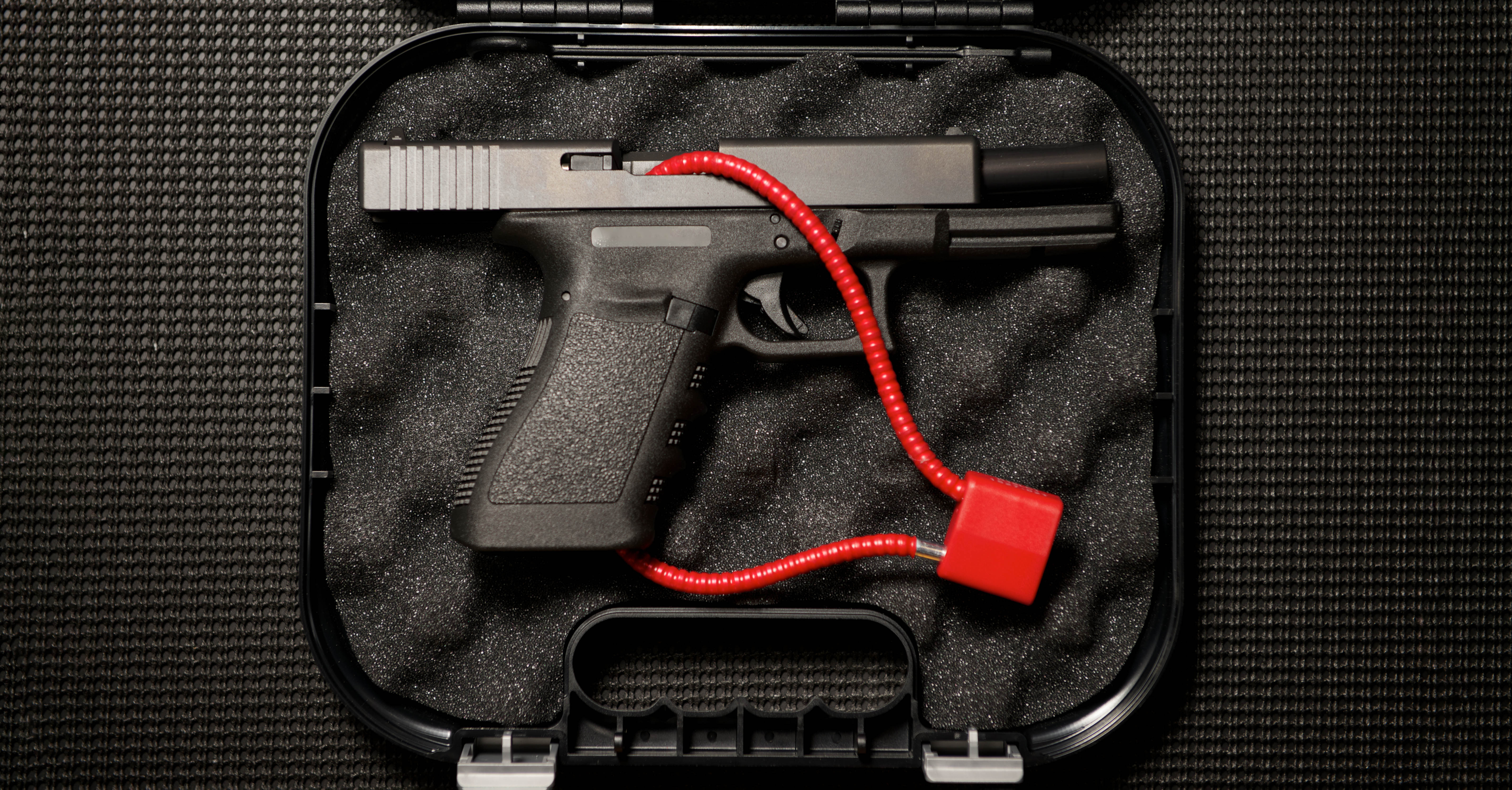 Handgun in a case with a cable lock.