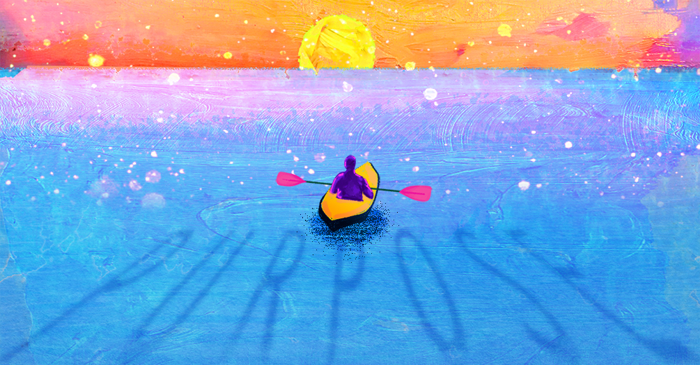 An illustration of a person kayaking on water, with the word "Purpose" spelled out on the water behind them